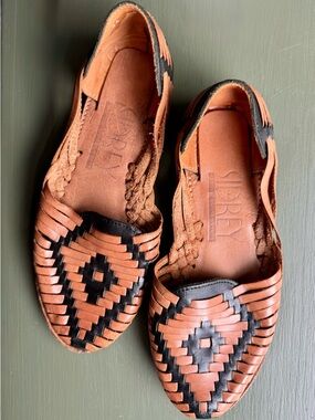 Tan and Black Woven Leather Huarache Sandals - Women's